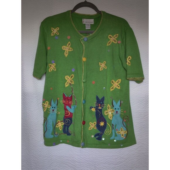Vtg Ashlyn Kate Womens Green V Neck Short Sleeve Cardigan Sweater Sz‎ S - Picture 1 of 7